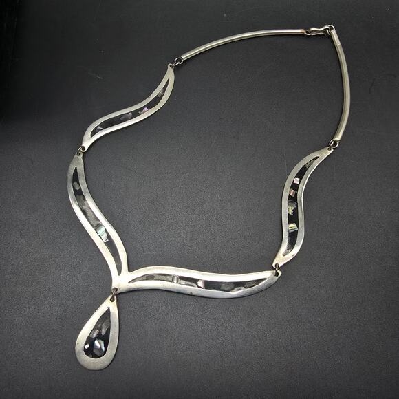 Alapaca Mexico Abalone Shell Inlay Necklace Collar Tear Drop Pendant - Picture 8 of 10